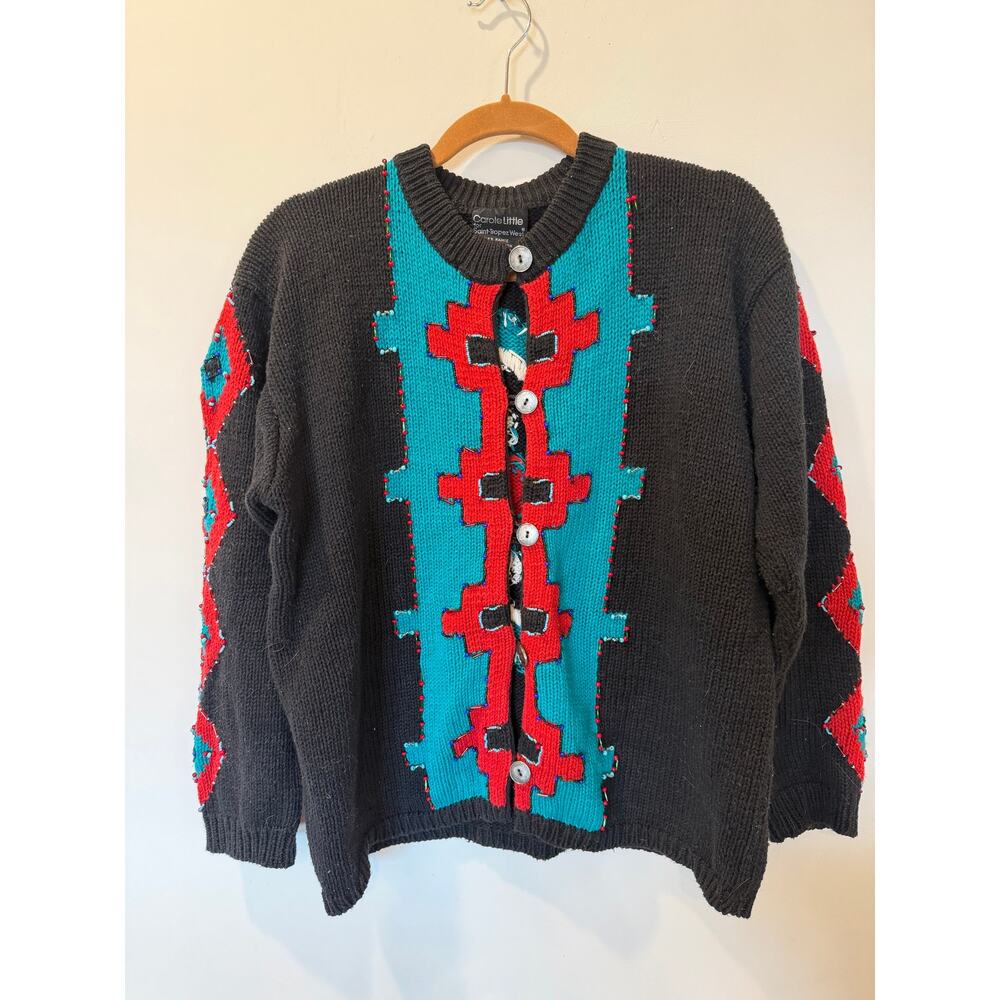 Vtg 90s Carole Little M cardigan sweater aztec southwest beaded cotton ramie